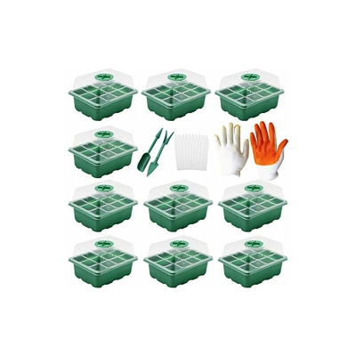 Set di 10 mini serre, in plastica, guanti da coltivazione con attrezzi da giardino, con etichetta per piante, 12 fori - Kuwan