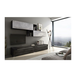 Dmora Parete da soggiorno con base porta TV e pensili a ribalta con due vani aperti, cm 250 x 50 x 39, colore Cemento e Nero en oferta