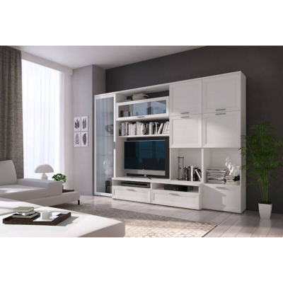 Dmora Parete da soggiorno con base porta TV e pensili con ante e vani aperti, cm 300 x 50 x 215, colore Bianco frassinato