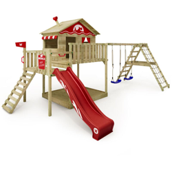 WICKEY Parco giochi in legno Smart Ocean Giochi da giardino con altalena e scivolo rosso Casa su palafitte da esterno con sabbiera e scala di en oferta