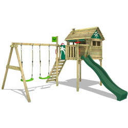 FATMOOSE Parco giochi in legno FunFactory Giochi da giardino con altalena e scivolo verde Casa su palafitte da esterno con scala di risalita per precio