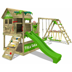 FATMOOSE Parco giochi in legno TikaTaka Giochi da giardino con altalena SurfSwing e scivolo mela verde Casa su palafitte da esterno con sabbiera e características