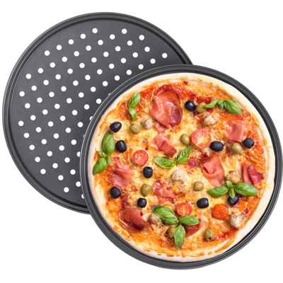 Relaxdays - Teglia per Pizza, Set da 2, Rotonda, Forata, Antiaderente, per Crostate, Acciaio al Carbonio, ? 32 cm, Grigio