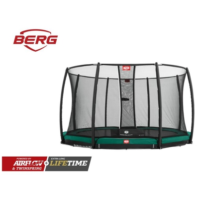 SOLO TRAMPOLINO Tappeto elastico da giardino interrato rotondo 380cm - verde Deluxe. Rete con pali curvi per maggiore sicurezza. Salti fluidi grazie