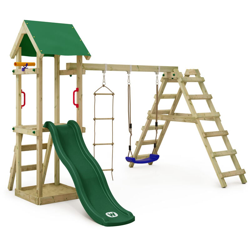 WICKEY Parco giochi in legno TinyLoft Giochi da giardino con altalena e scivolo verde Torre d'arrampicata da esterno con sabbiera e scala di risalita en oferta