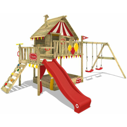 WICKEY Parco giochi in legno Smart Trip Giochi da giardino con altalena e scivolo rosso Casa su palafitte da esterno con sabbiera e scala di risalita características