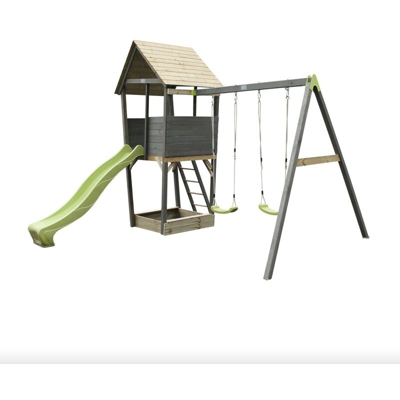 Solo Shops - SOLO torre da gioco in legno per bambini con scivolo, sabbiera e doppia altalena - grigio. Legno certificato FSC® e impregnato ad alta