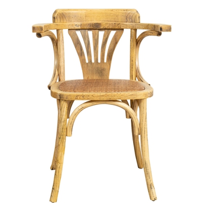 Sedia con braccioli Thonet in massello di frassino finitura rovere e seduta in rattan