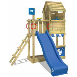 WICKEY Parco giochi in legno Smart Sparrow Giochi da giardino con scivolo blu Torre d'arrampicata da esterno con sabbiera e scala di risalita per características