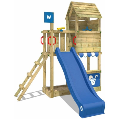 WICKEY Parco giochi in legno Smart Sparrow Giochi da giardino con scivolo blu Torre d'arrampicata da esterno con sabbiera e scala di risalita per