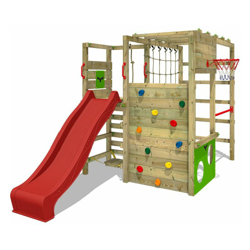 FATMOOSE Parco giochi in legno ActionArena Giochi da giardino con scivolo rosso Scala svedese, Barre di scimmia, Struttura da gioco con parete en oferta