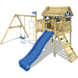 WICKEY Parco giochi in legno Smart Travel Giochi da giardino con altalena e scivolo blu Casa su palafitte da esterno con scala di risalita per bambini precio