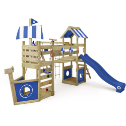 WICKEY Parco giochi in legno StormFlyer Giochi da giardino con altalena e scivolo blu Casetta da gioco per l'arrampicata con sabbiera e scala di precio