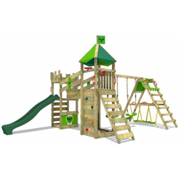 FATMOOSE Parco giochi in legno RiverRun Giochi da giardino con altalena SurfSwing e scivolo verde Casetta da gioco per l'arrampicata con sabbiera e en oferta