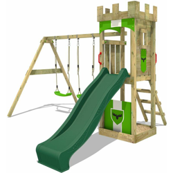 FATMOOSE Parco giochi in legno TreasureTower Giochi da giardino con altalena e scivolo verde Torre d'arrampicata da esterno con sabbiera e scala di características