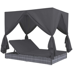 Lettino Prendisole con Tende in Polyrattan Grigio - Grigio - Vidaxl en oferta