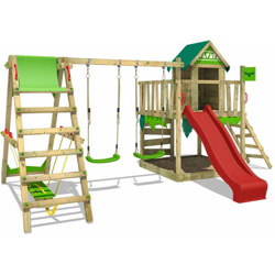 FATMOOSE Parco giochi in legno JazzyJungle Giochi da giardino con altalena SurfSwing e scivolo rosso Casetta da gioco per l'arrampicata con sabbiera características