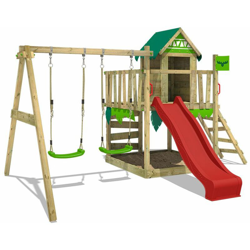 FATMOOSE Parco giochi in legno JazzyJungle Giochi da giardino con altalena e scivolo rosso Casetta da gioco per l'arrampicata con sabbiera e scala di precio