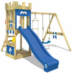 WICKEY Parco giochi in legno KnightFlyer Giochi da giardino con altalena e scivolo blu Torre d'arrampicata da esterno con sabbiera e scala di precio