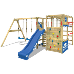 WICKEY Parco giochi in legno Smart Zone Giochi da giardino con altalena e scivolo blu Scala svedese, Barre di scimmia, Struttura da gioco con parete precio