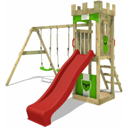 FATMOOSE Parco giochi in legno TreasureTower Giochi da giardino con altalena e scivolo rosso Torre d'arrampicata da esterno con sabbiera e scala di precio