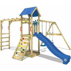 WICKEY Parco giochi in legno Smart Bridge Giochi da giardino con altalena e scivolo blu Torre d'arrampicata da esterno con sabbiera e scala di precio