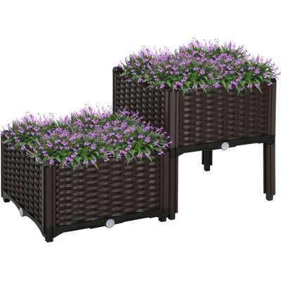 Set 2 Pezzi Vasi Fioriera Rialzata Componibile in PP Effetto Rattan Marrone - Outsunny