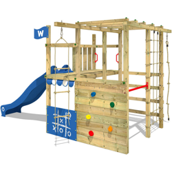 WICKEY Parco giochi in legno Smart Champ Giochi da giardino con scivolo blu Scala svedese, Barre di scimmia, Struttura da gioco con parete características