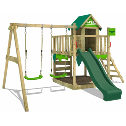 FATMOOSE Parco giochi in legno JazzyJungle Giochi da giardino con altalena e scivolo verde Casetta da gioco per l'arrampicata con sabbiera e scala di precio