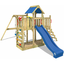 WICKEY Parco giochi in legno TwinFlyer Giochi da giardino con altalena e scivolo blu Torre d'arrampicata da esterno con sabbiera e scala di risalita precio