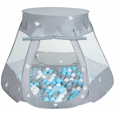 Selonis Tenda 105X90cm/300 Palline Castello Con Palline Colorate Per Bambini, Grigio:Grigio/Bianco/Trasparente/Azzurro