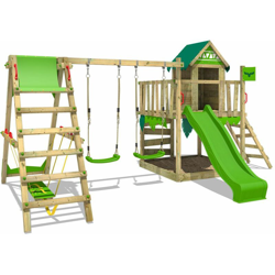 FATMOOSE Parco giochi in legno JazzyJungle Giochi da giardino con altalena SurfSwing e scivolo mela verde Casetta da gioco per l'arrampicata con características