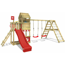 WICKEY Parco giochi in legno Smart Port Giochi da giardino con altalena e scivolo rosso Torre d'arrampicata da esterno con sabbiera e scala di en oferta