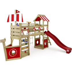 WICKEY Parco giochi in legno StormFlyer Giochi da giardino con altalena e scivolo rosso Casetta da gioco per l'arrampicata con sabbiera e scala di en oferta