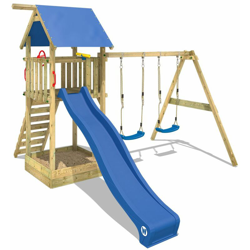 WICKEY Parco giochi in legno Smart Empire Giochi da giardino con altalena e scivolo blu Torre d'arrampicata da esterno con sabbiera e scala di en oferta