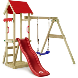 WICKEY Parco giochi in legno TinyWave Giochi da giardino con altalena e scivolo rosso Torre d'arrampicata da esterno con sabbiera e scala di risalita precio