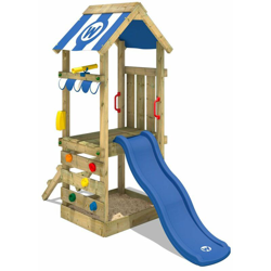 WICKEY Parco giochi in legno FunkyFlyer Giochi da giardino con scivolo blu Torre d'arrampicata da esterno con sabbiera e scala di risalita per bambini en oferta