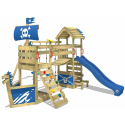 WICKEY Parco giochi in legno GhostFlyer Giochi da giardino con altalena e scivolo blu Casetta da gioco per l'arrampicata con sabbiera e scala di en oferta