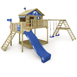 WICKEY Parco giochi in legno Smart Ocean Giochi da giardino con altalena e scivolo blu Casa su palafitte da esterno con sabbiera e scala di risalita características