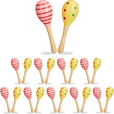 Relaxdays - Set da 20 Maracas in Legno, Sonagli per Bambini, Strumento Musicale Didattico, Rosa e Gialle