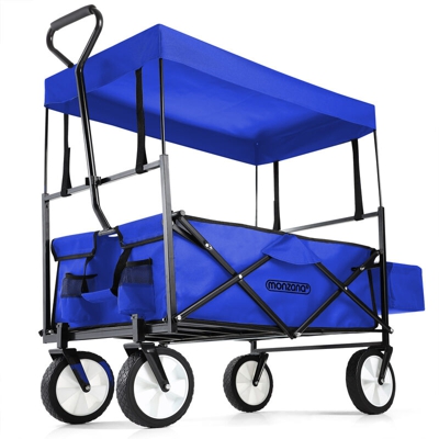 Carrello Pieghevole con Ruote Tetto carico Max. 70kg Tasca Esterna 2 Tasche a Rete Giardino Spiaggia Mare Blu