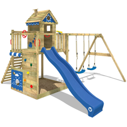 WICKEY Parco giochi in legno Smart Lodge 150 Giochi da giardino con altalena e scivolo blu Casetta da gioco per l'arrampicata con sabbiera e scala di precio