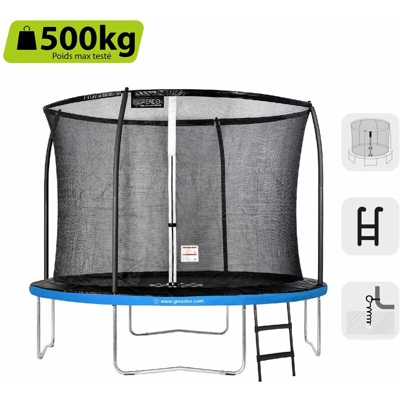 GREADEN Trampolino da giardino Freestyle Blu 305 outdoor fitness Ø 305cm + Scala/ kit di ancoraggio - Rete di sicurezza / materassino protettivo /