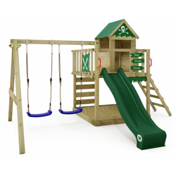 WICKEY Parco giochi in legno Smart Cave Giochi da giardino con altalena e scivolo verde Casetta da gioco per l'arrampicata con sabbiera e scala di en oferta