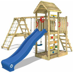 WICKEY Parco giochi in legno RocketFlyer Giochi da giardino con altalena e scivolo blu Torre d'arrampicata da esterno con sabbiera e scala di en oferta