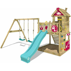 WICKEY Parco giochi in legno Smart Sparkle Giochi da giardino con altalena e scivolo turchese Casetta da gioco per l'arrampicata con sabbiera e scala en oferta