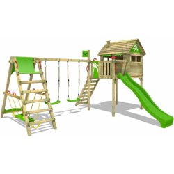 FATMOOSE Parco giochi in legno FunFactory Giochi da giardino con altalena SurfSwing e scivolo mela verde Casa su palafitte da esterno con scala di en oferta