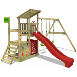 FATMOOSE Parco giochi in legno FruityForest Giochi da giardino con altalena e scivolo rosso Torre d'arrampicata da esterno con sabbiera e scala di en oferta