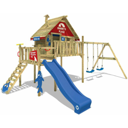 WICKEY Parco giochi in legno Smart Bay Giochi da giardino con altalena e scivolo blu Casa su palafitte da esterno con scala di risalita per bambini características