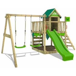 FATMOOSE Parco giochi in legno JazzyJungle Giochi da giardino con altalena e scivolo mela verde Casetta da gioco per l'arrampicata con sabbiera e precio